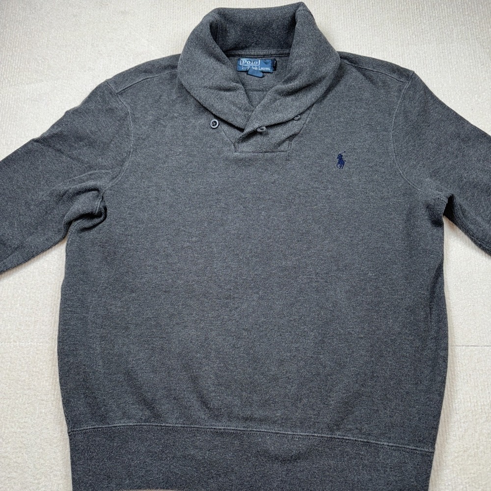 Polo Ralph Lauren Sweater Mens L Gray Shawl Collar Button Pullover Pony Logo - Picture 2 of 8